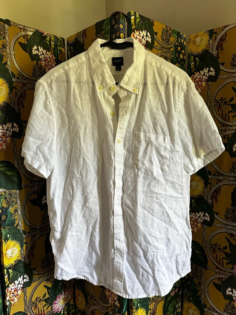 J.Crew Men's Short-Sleeve Irish Linen Shirt White Button Down Large Slim